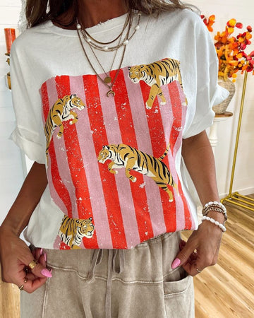 Trendy Striped Tiger Mixed Print T-Shirt