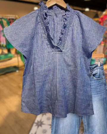 Ruffle Trim Striped Blouse