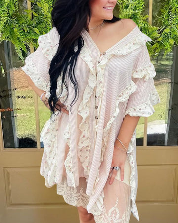 Ruffle Trim Printed Vacation Dress