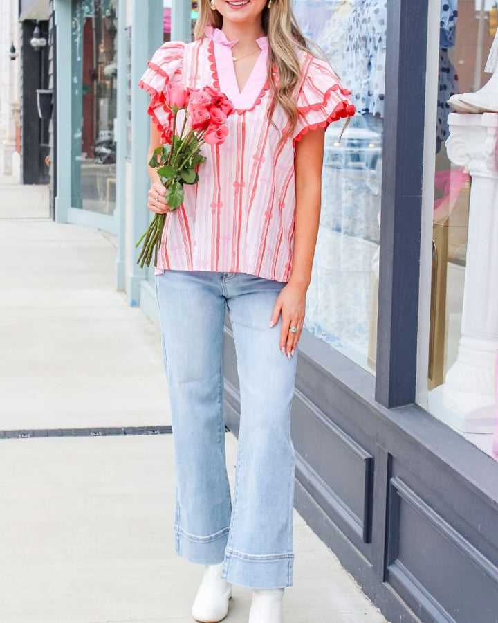 Charming Bow Print Ruffle Sleeve Top