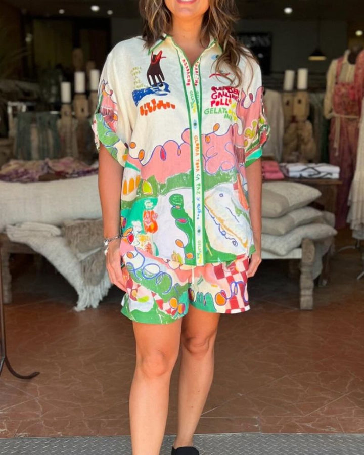Graffiti Print Linen Button Shirt