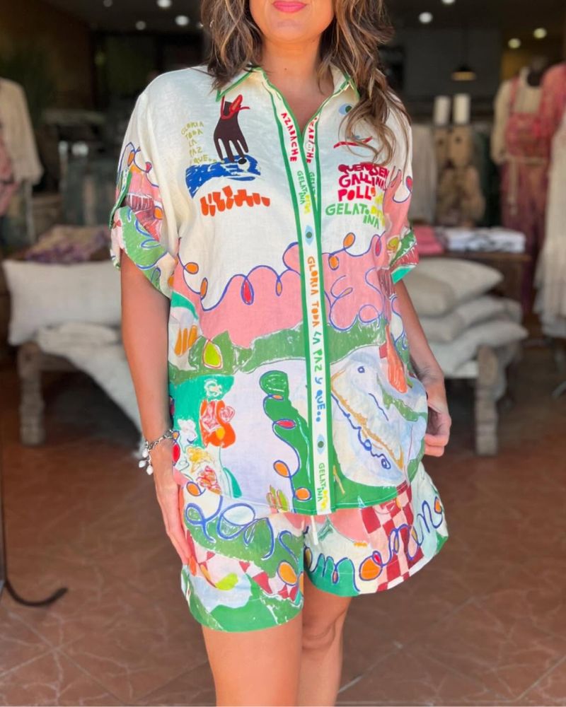 Graffiti Print Linen Button Shirt