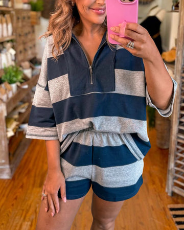 Casual Color Block Striped Sweatshirt Set