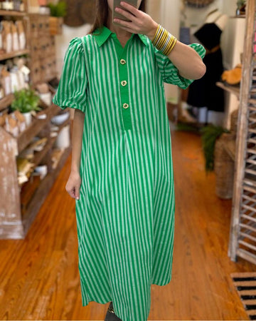 Striped Puff Sleeve Midi Shirt Dress