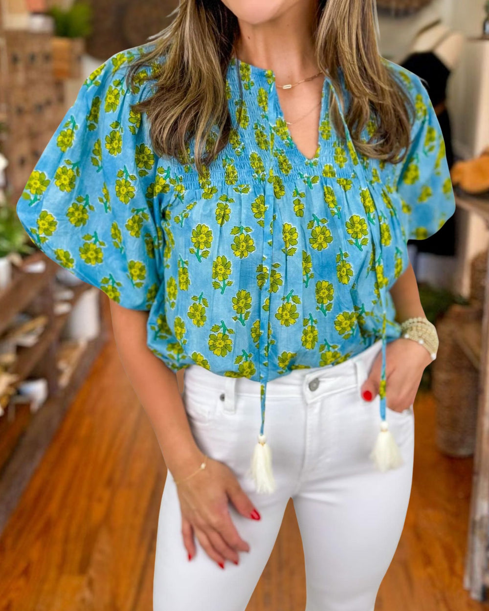 Smocked Floral Tassel Tie Blouse