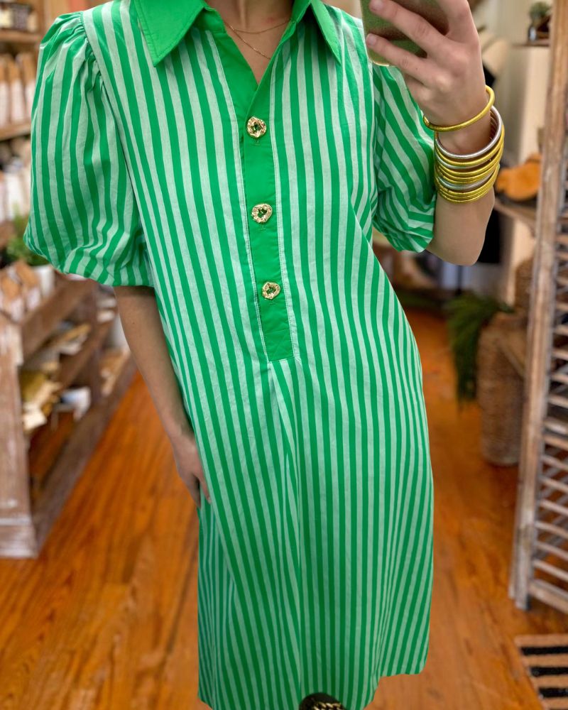 Striped Puff Sleeve Midi Shirt Dress
