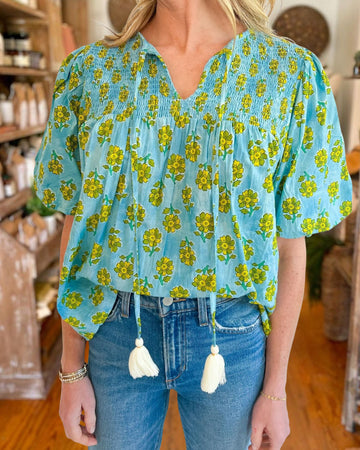 Smocked Floral Tassel Tie Blouse