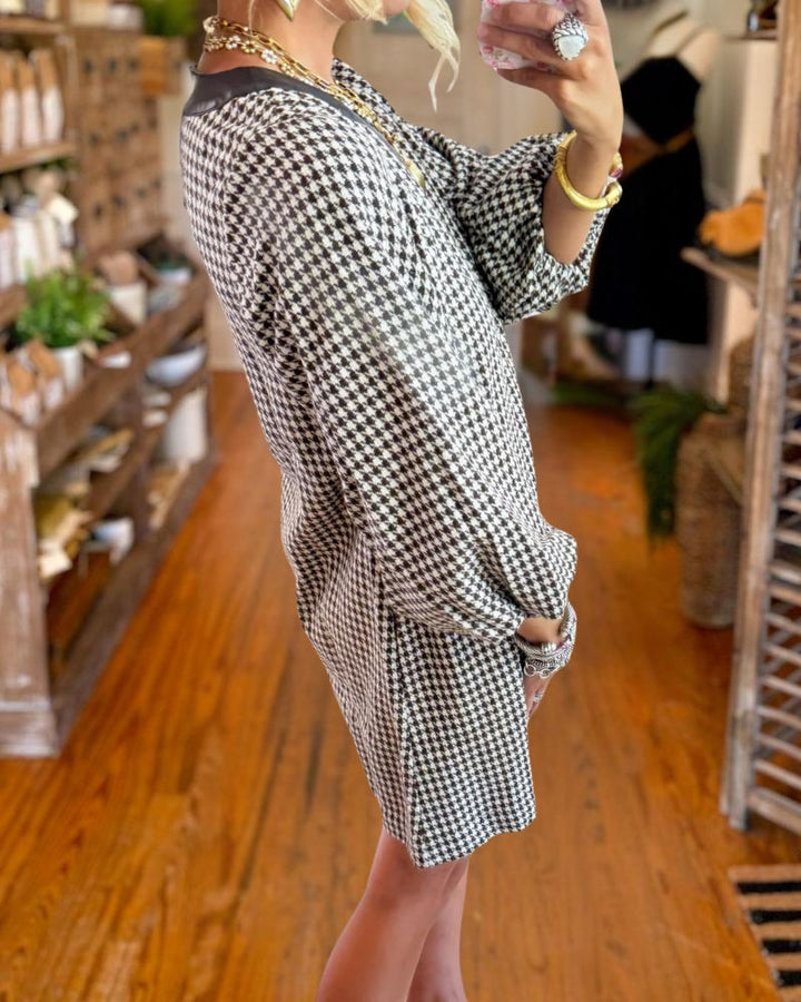Houndstooth Patchwork Leather Collar Dress
