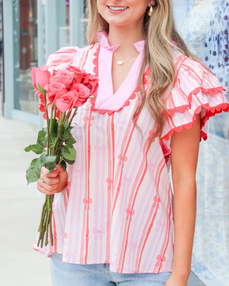 Charming Bow Print Ruffle Sleeve Top