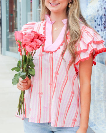 Charming Bow Print Ruffle Sleeve Top