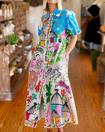 Colorful Safari Print Shirt Maxi Dress