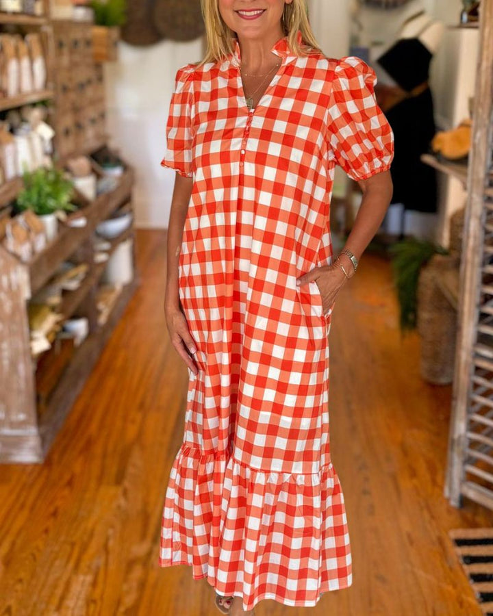 Gingham Puff Sleeve Ruffle Midi Dress