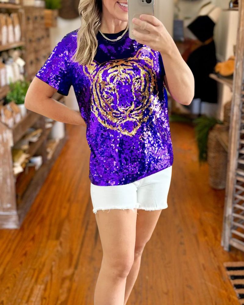 Sequin Tiger Head Embroidered Ribbed Trim T-Shirt