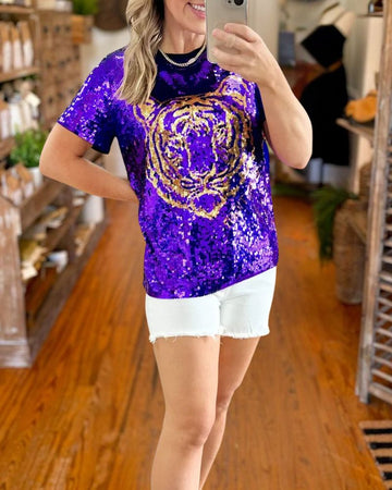 Sequin Tiger Head Embroidered Ribbed Trim T-Shirt