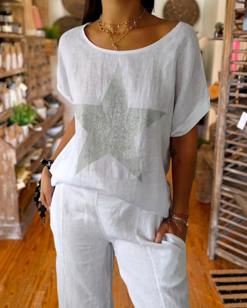 Rhinestone Detail Cotton & Linen Loose T-Shirt