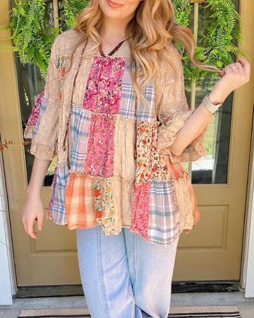 Retro Floral Plaid Patchwork V-Neck Top