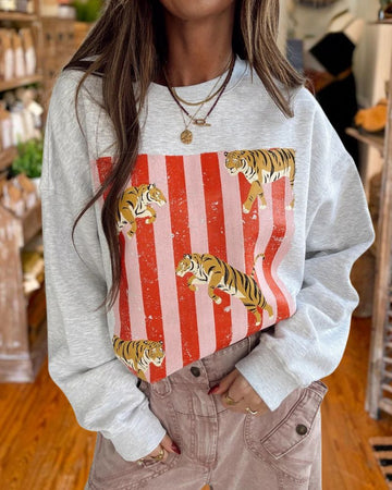 Vintage Tiger Graphic Striped Sweatshirt