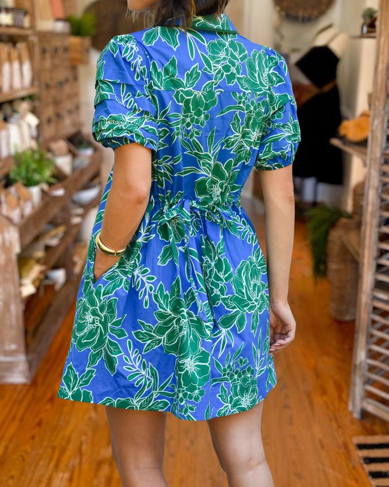 Blue green floral mini dress back view