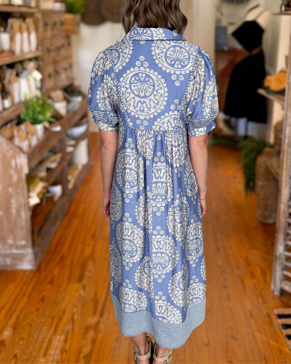 Blue paisley smocked midi dress back view
