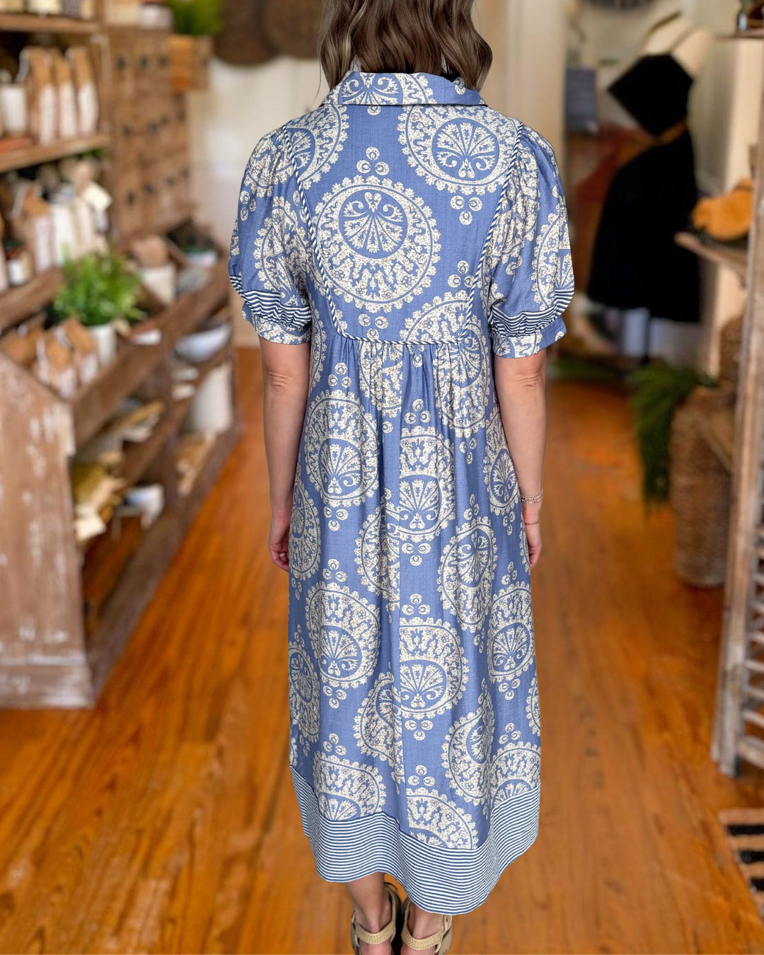 Blue paisley smocked midi dress back view
