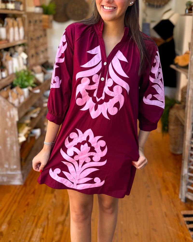 Burgundy embroidered tunic dress front view