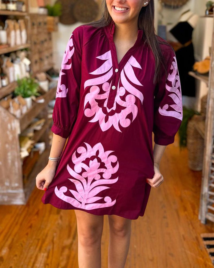 Burgundy embroidered tunic dress front view