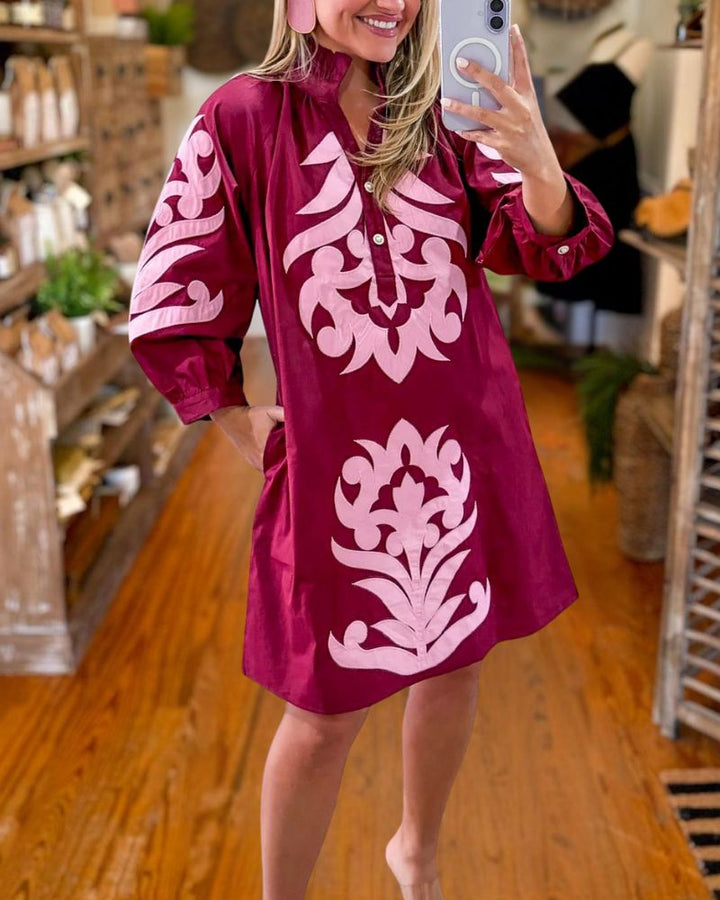 Burgundy embroidered tunic dress styled front view