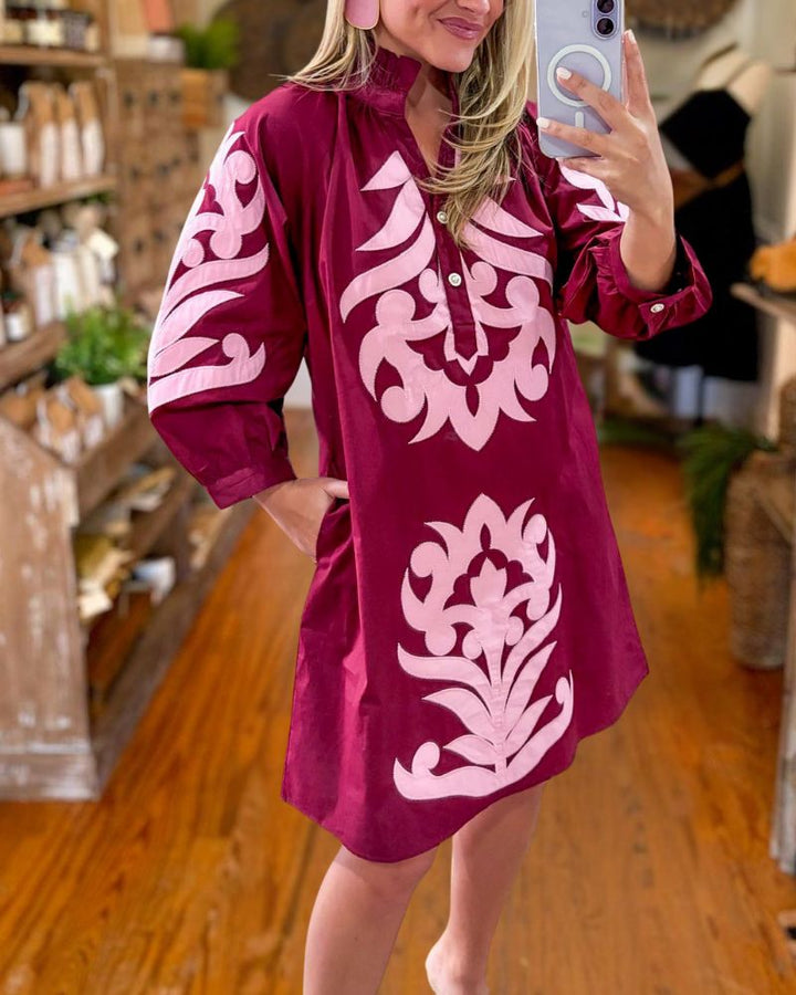 Burgundy embroidered tunic dress detail view