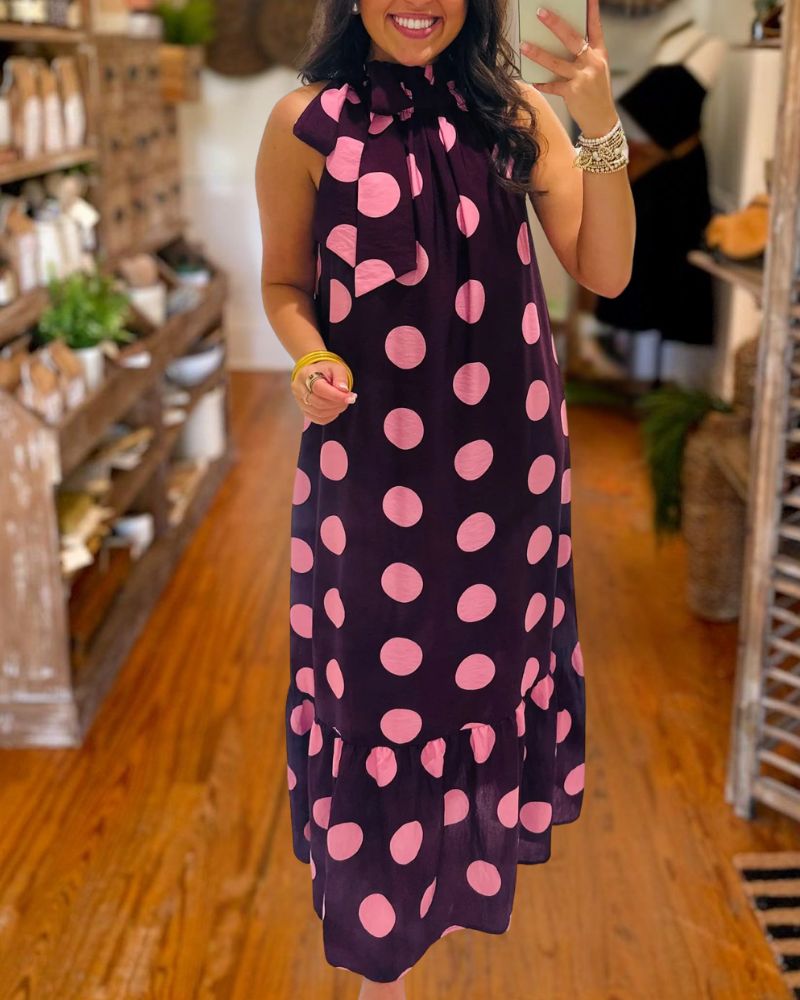 Burgundy polka dot bow neck midi dress front view