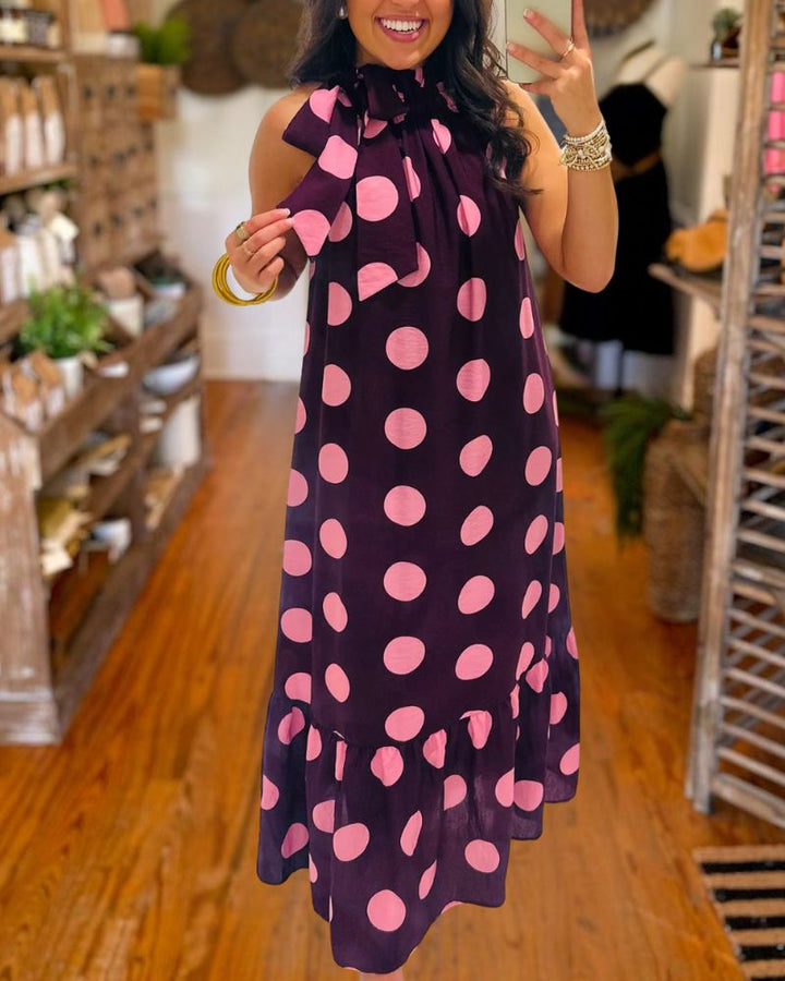 Burgundy polka dot bow neck midi dress front close view