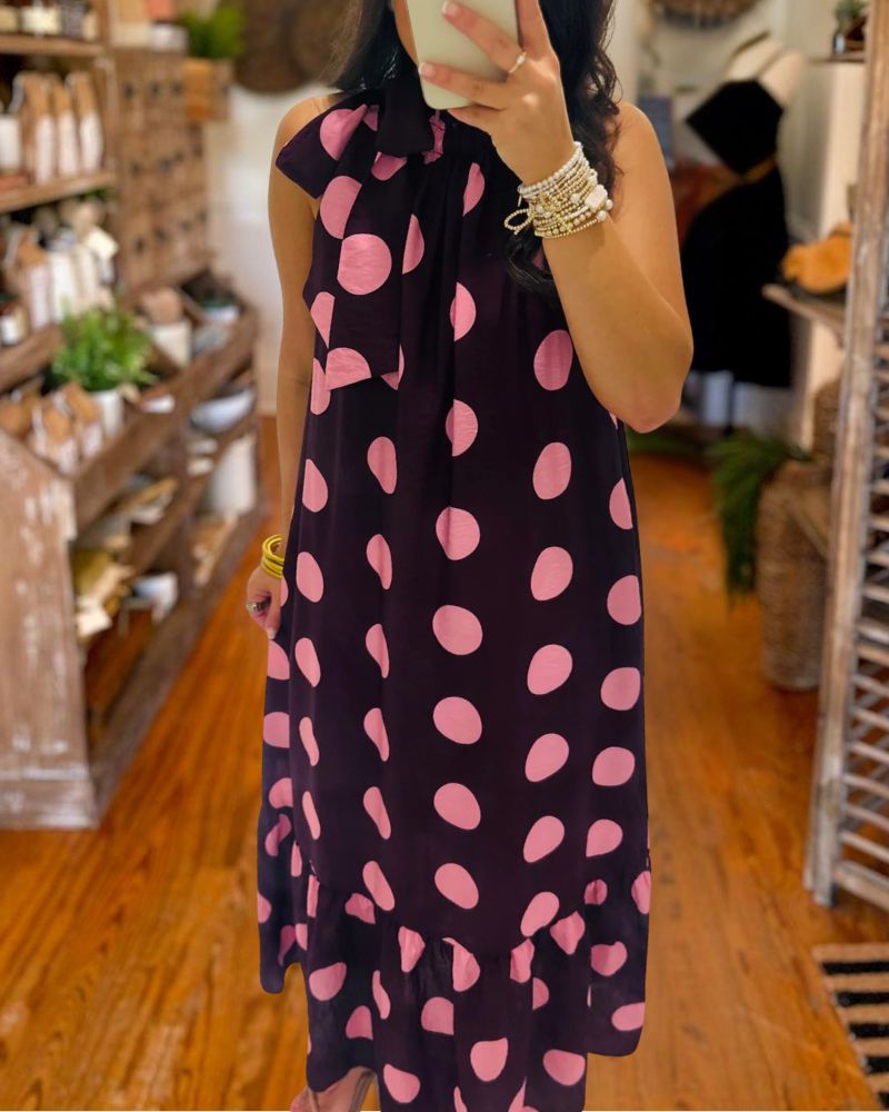 Burgundy polka dot bow neck midi dress detail view