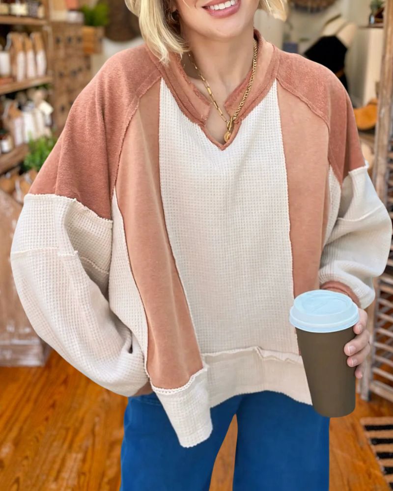Vintage Washed Patchwork Waffle Knit Sweatshirt