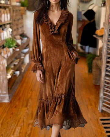 French Lace-Trim Velvet Dress