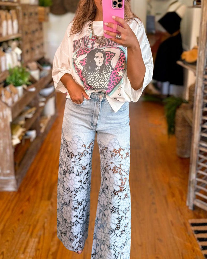 Fashion High-Waist Lace Patchwork Washed Jeans