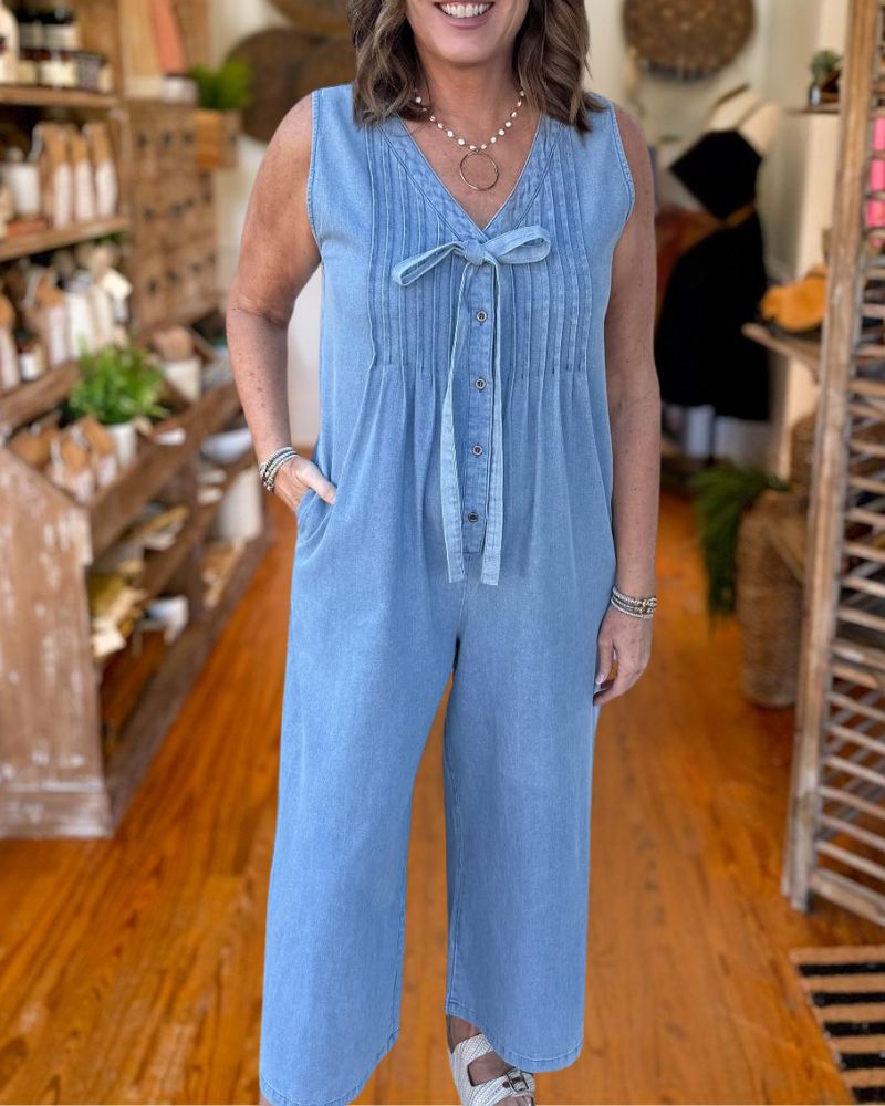 Fashion V-Neck Backless Denim Jumpsuit