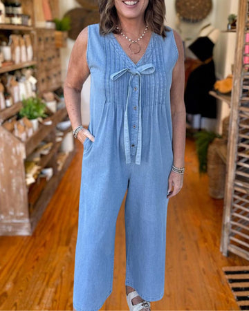 Fashion V-Neck Backless Denim Jumpsuit