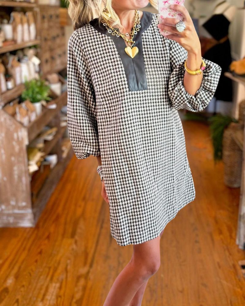 Houndstooth Patchwork Leather Collar Dress