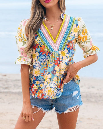 Printed Short-Sleeve Chiffon Shirt