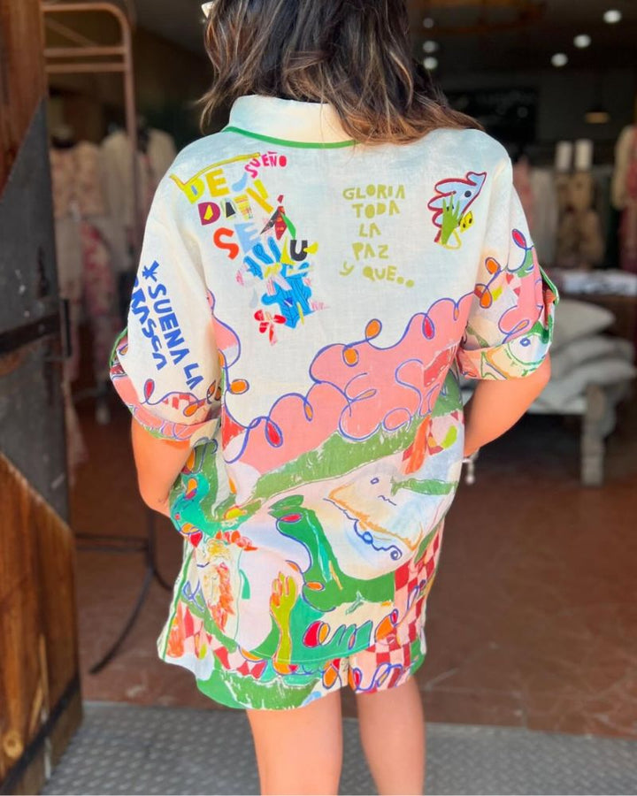 Graffiti Print Linen Button Shirt