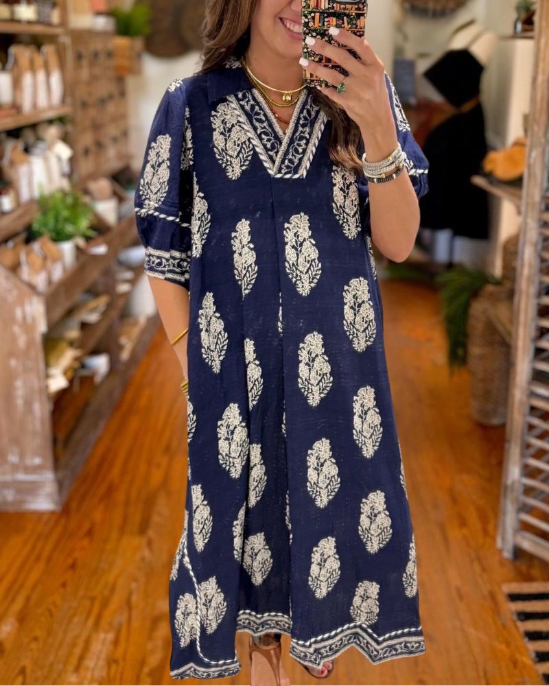 Navy medallion print midi dress front view