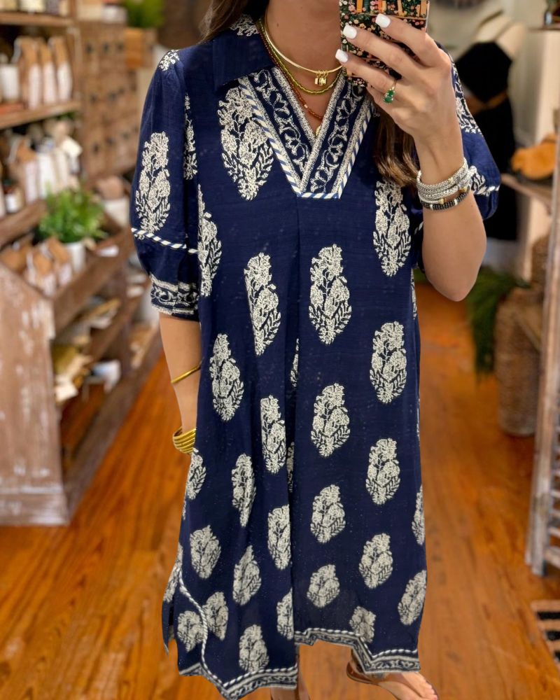 Navy medallion print midi dress close front view