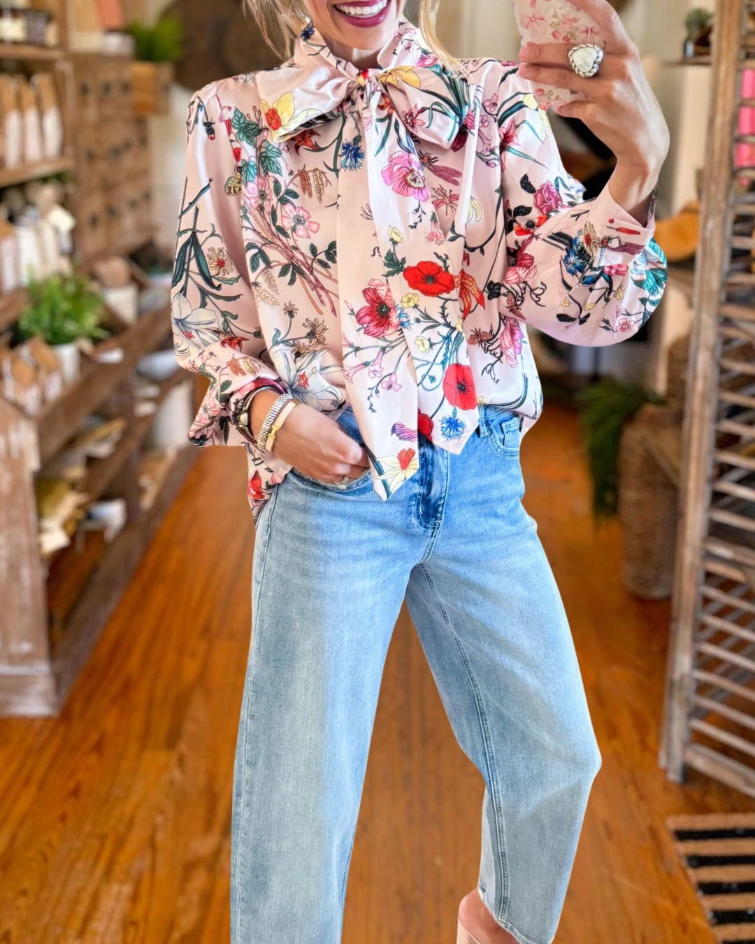 Pink floral bow neck blouse front view