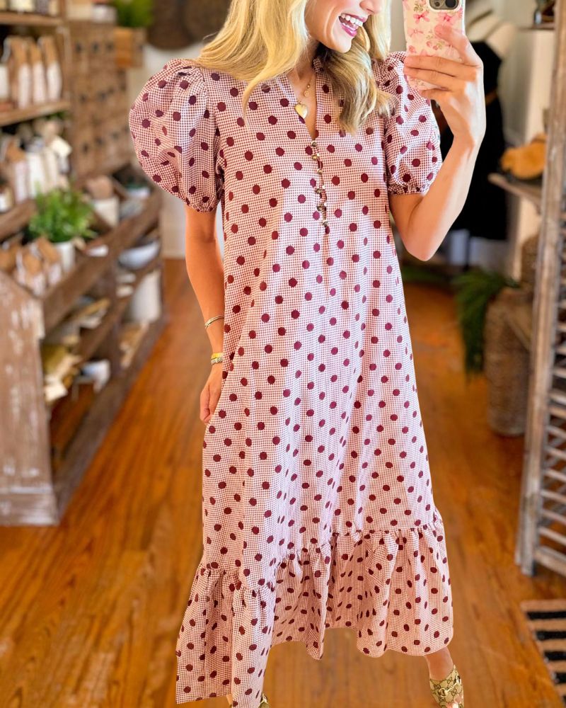 Pink polka dot puff sleeve midi dress front view