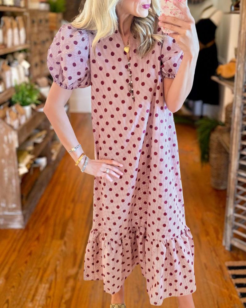 Pink polka dot puff sleeve midi dress front detail view
