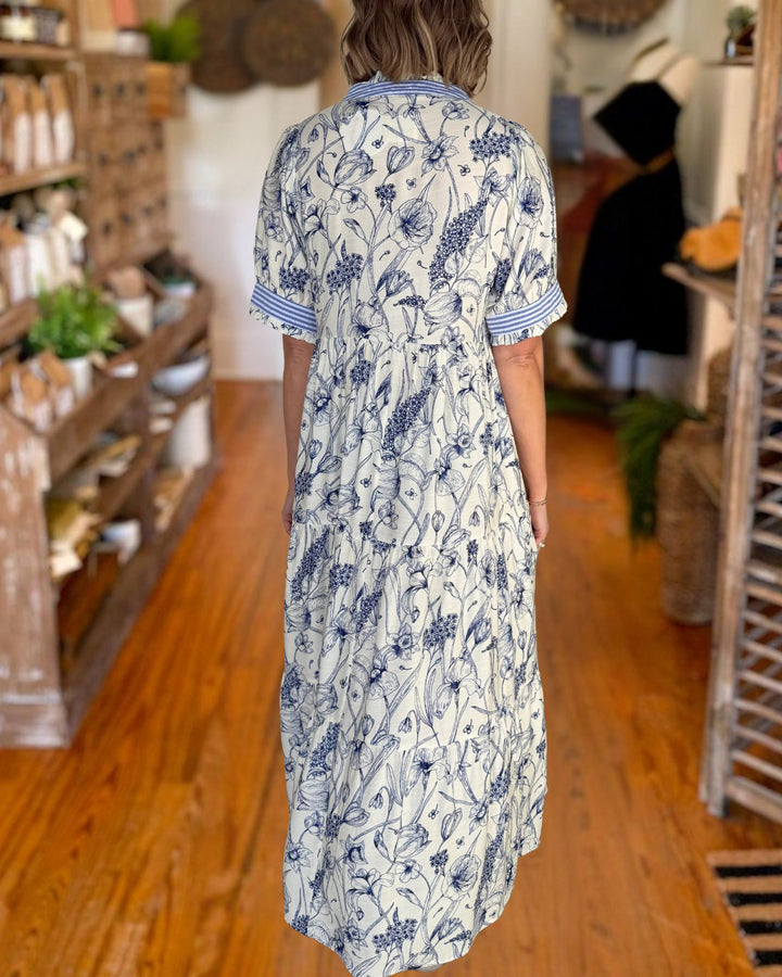 White blue floral midi dress back view