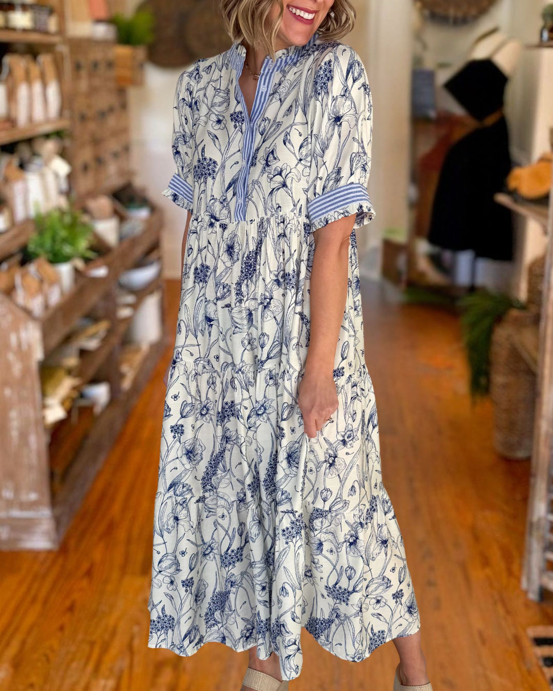White blue floral midi dress front side view