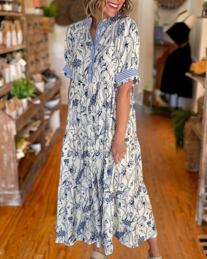 White blue floral midi dress front side view